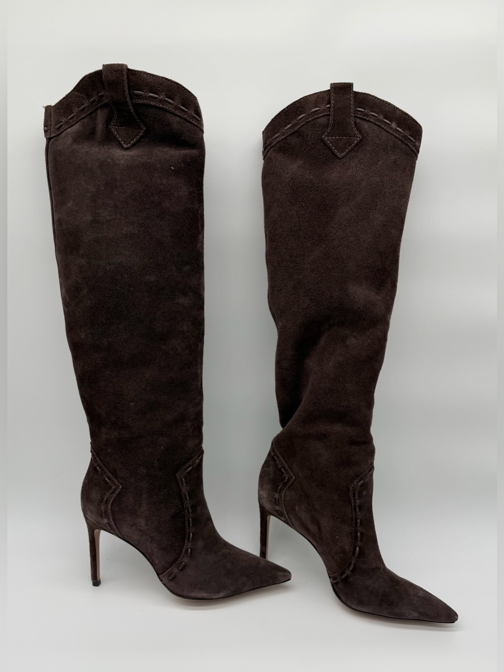 Schutz Eliana Brown Suede Western Knee-High Stiletto Boots – Size 8.5 - Picture 3 of 12